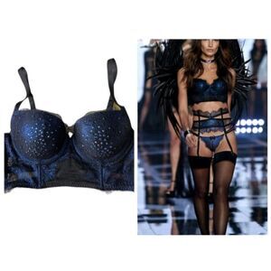 Rare Victoria's Secret blue foil Swarovski crystal push up Bra Longline 32DD